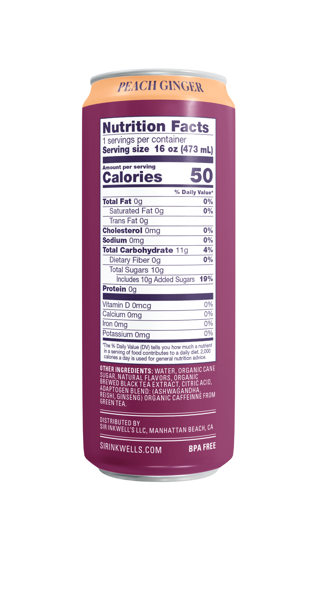 Sir Inkwell's Health Curiosities - Wholesale Health/Detox Tea - Adaptogen Infused Peach Ginger Black Tea (12 Cans)1