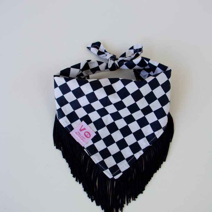 Velvet Outlaw - Wholesale Pet Bandana - Dog - Black & White Checker with Black Fringe Dog Bandana