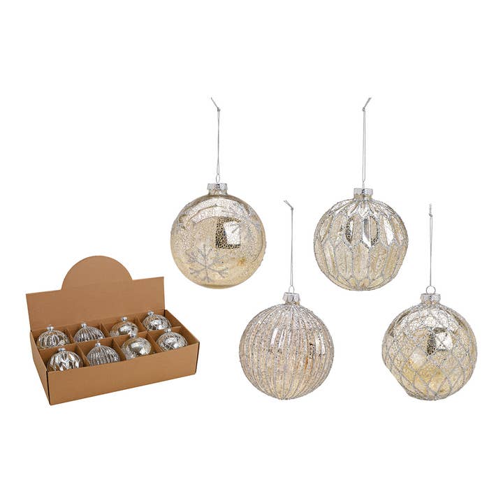 Christmas Bauble Glitter made of Glass, set of 4, Silver Ø10cm for wholesale by Wurm