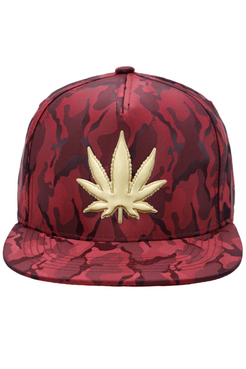 Cap Zone - Wholesale Flat Brim Cap - Men's - Gold Marijuana Leaf Embossed Camo Polyester Fabric Snapback4