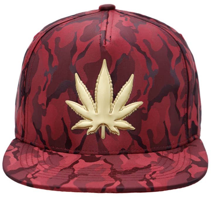 Cap Zone - Wholesale Flat Brim Cap - Men's - Gold Marijuana Leaf Embossed Camo Polyester Fabric Snapback4