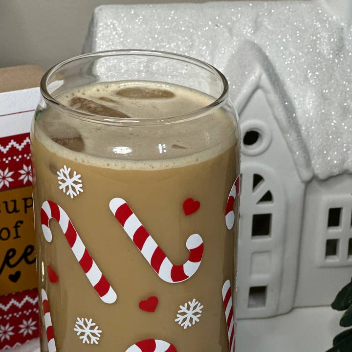 Christmas Candy Cane 16/20 Oz Glass Cup With Lid and Straw for wholesale by Jessdreams Creations LLC