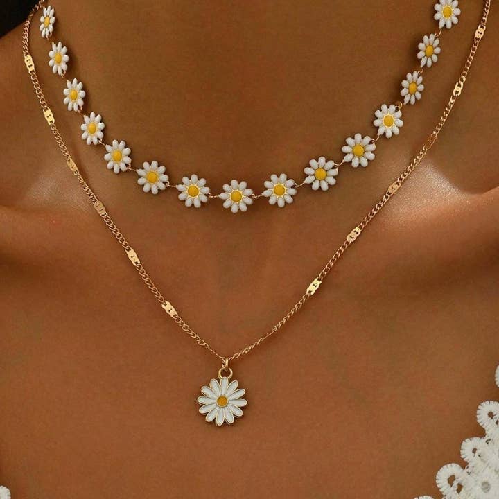 Elegant Daisy Lager-på-lager Halsband Set – 14k Vermeil Guld & Emaljblomma Hänge för wholesale av Facetreasures Boutique
