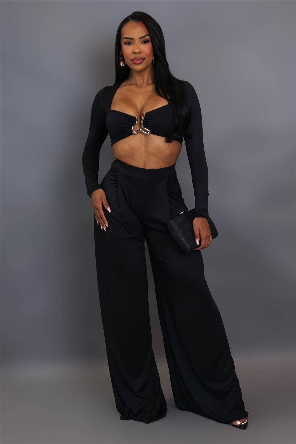 5besties inc - Wholesale Top & Pant Set (NOT Loungewear) - Women's - METAL TRIM FRONT CROP TOP AND WIDE LEG PANTS SET0