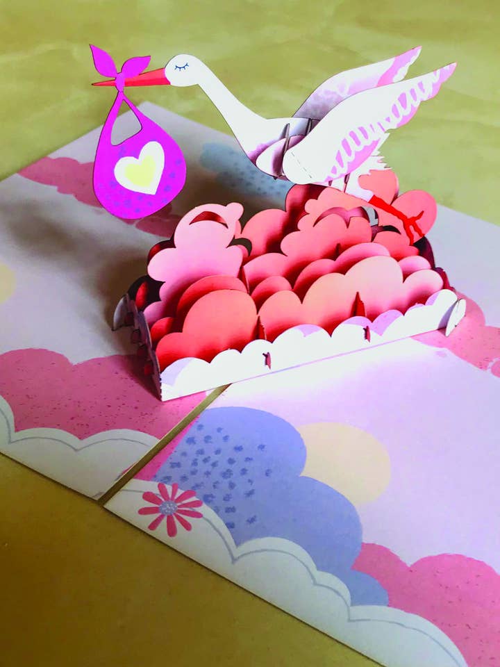 Biglietto Auguri Origami 3D - Cicogna Rosa per la vendita all'ingrosso da parte di ORIGAMI EDITORE SRL