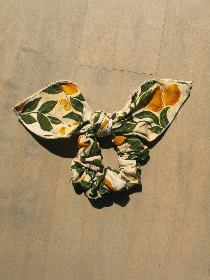 Hair Scarf Scrunchie in Cockatoos & Lemons for wholesale by Sun & Sanctuary