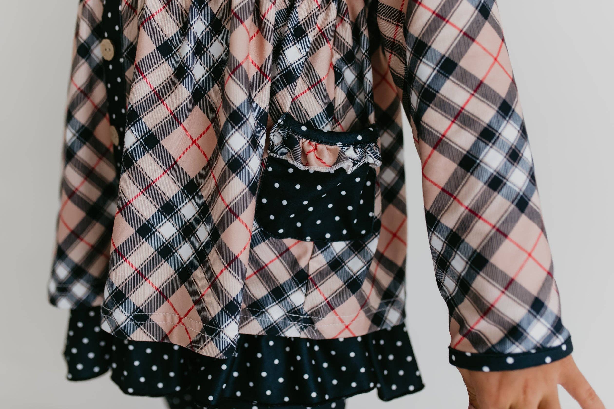 Adorable Sweetness - Wholesale Top & Pant Set - Kids - Girls Tan Plaid & Polka Dot Ruffle Pocket Button Legging Set2