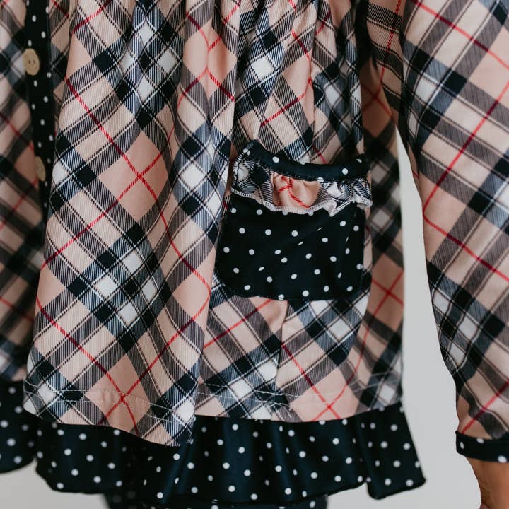 Adorable Sweetness - Wholesale Top & Pant Set - Kids - Girls Tan Plaid & Polka Dot Ruffle Pocket Button Legging Set2