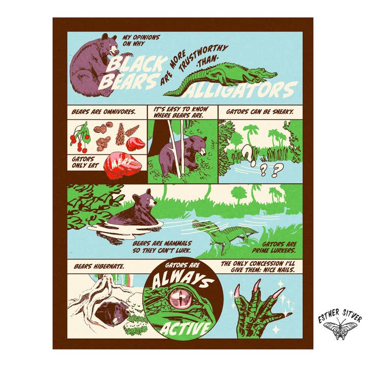 Gator vs Bear Animal Comic Print 8.5"x11" for wholesale by Esther Sketch