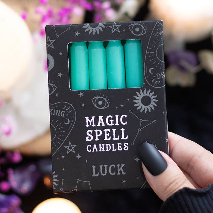 Set of 12 Green 'Luck' Magic Spell Candles for wholesale by Something Different Wholesale