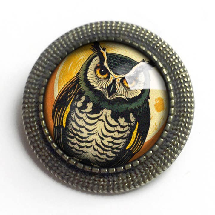 Retro Owl Glass Cabochon and Bronze Bar Back Brooch for wholesale by The Divine Iguana