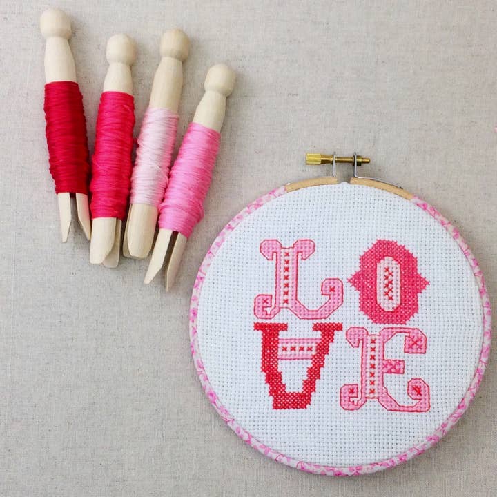 Stitchkits Crafts - Wholesale Embroidery/Cross Stitch Supplies - 'Love' Cross Stitch Hoop Kit. Pink3