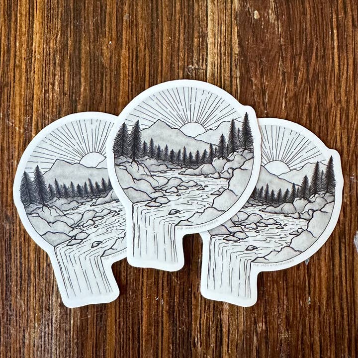 Mountain Waterfall Vinyl Sticker for wholesale by MP Mountainworks