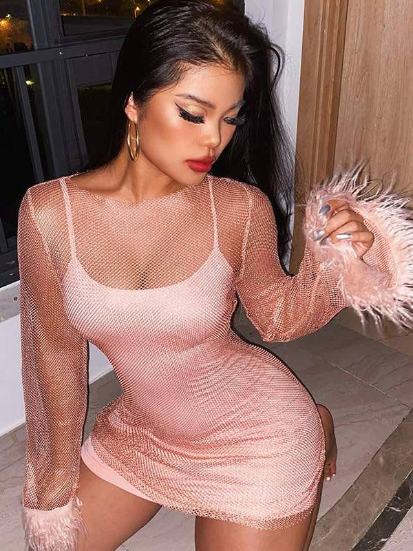 ærmet højtaljet mesh skinnende overdækkende klubbeklædning for engroshandel hos Queen Fashion