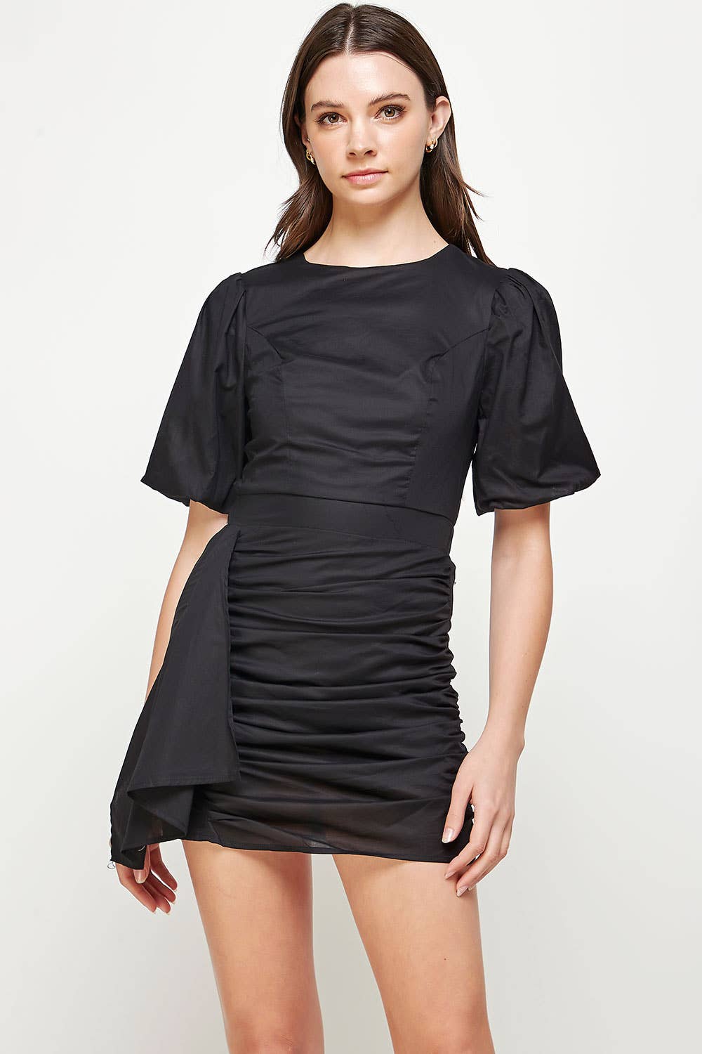 Strut & Bolt - Wholesale Dress - Women's - Ruched Short Puff Sleeve Voile Mini Dress58
