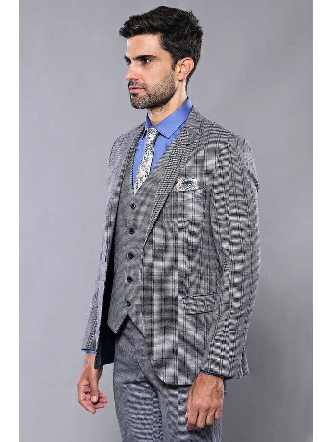 Azul Marino Traje entallado con chaleco azul marino a cuadros | Wessi de venta al por mayor en Faire7
