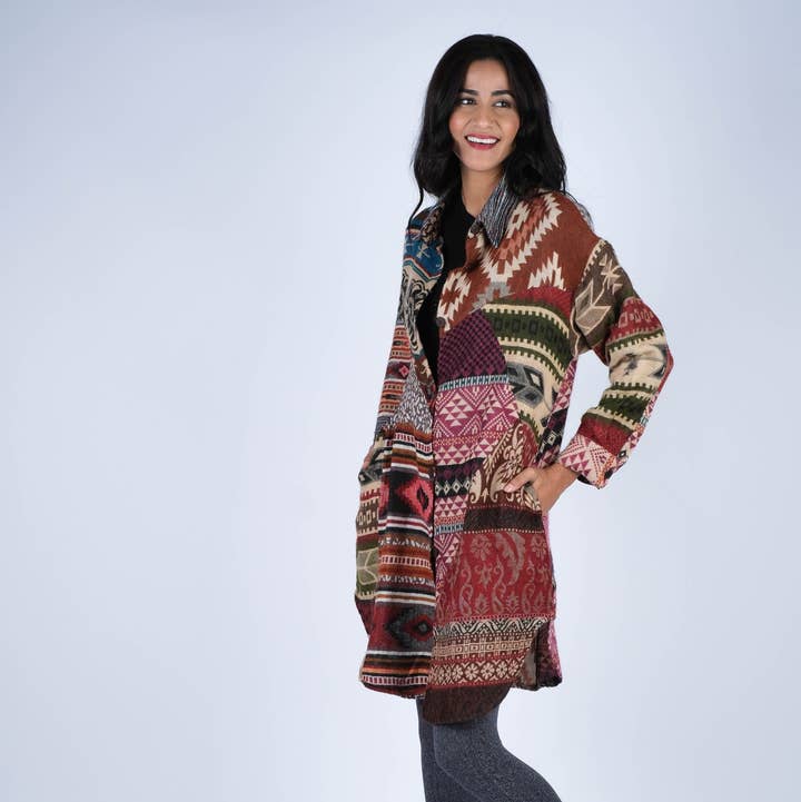 Cozy Patchwork Southwestern Coat for wholesale by Sacred Threads