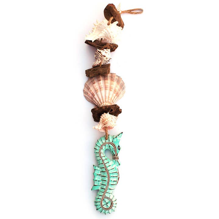 California Seashell Company - Wholesale Mobile - Green Nautical Seahorse Driftwood & Seashell Garland