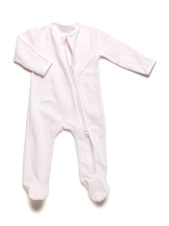 Pyjama à pieds rayé à double zip | Rayure rose clair pour la vente par Milly Marie Pima