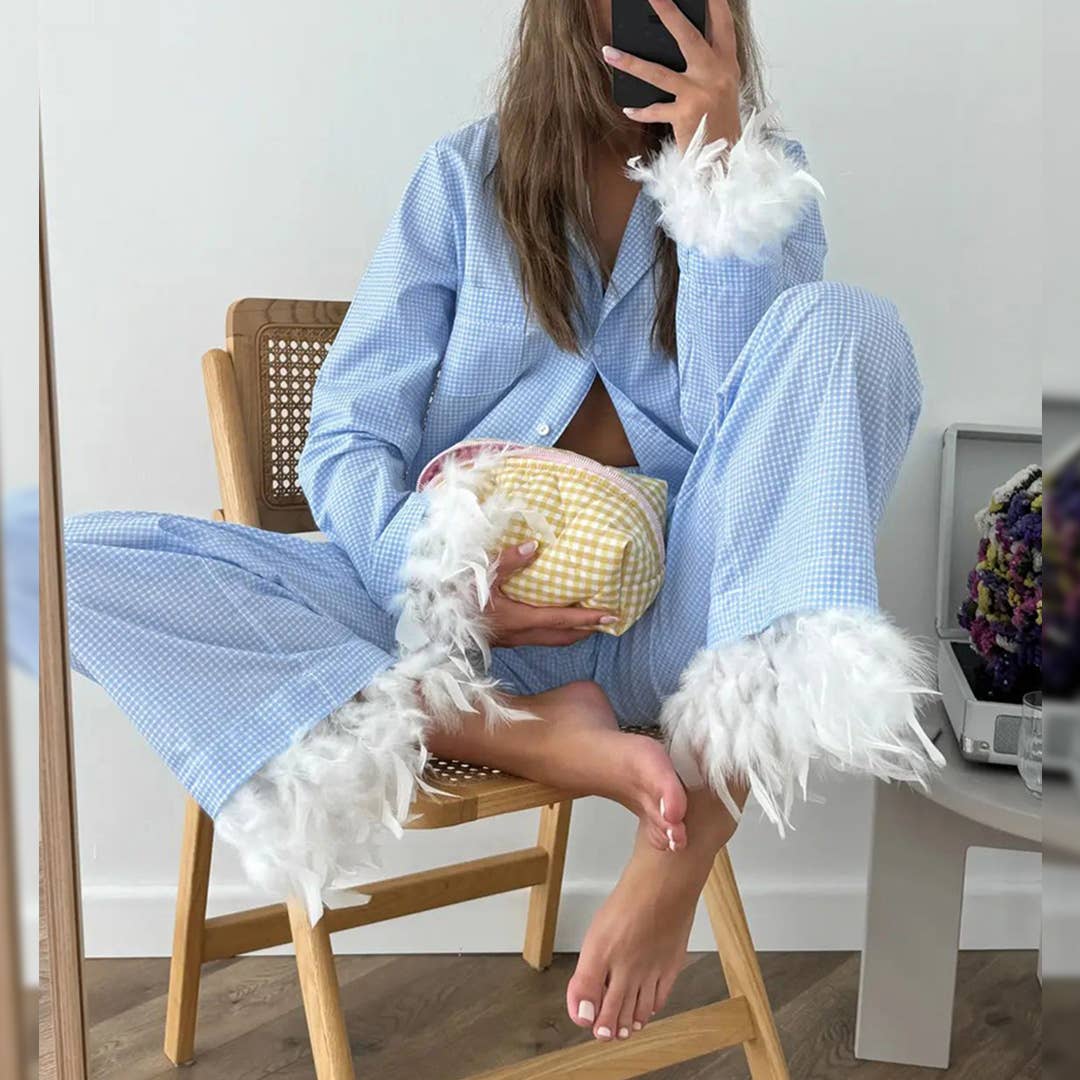UNISHE - Vente Ensemble de vêtements d'intérieur – femme - Ensemble de pyjama à carreaux ample avec pantalon long à plumes ONK290