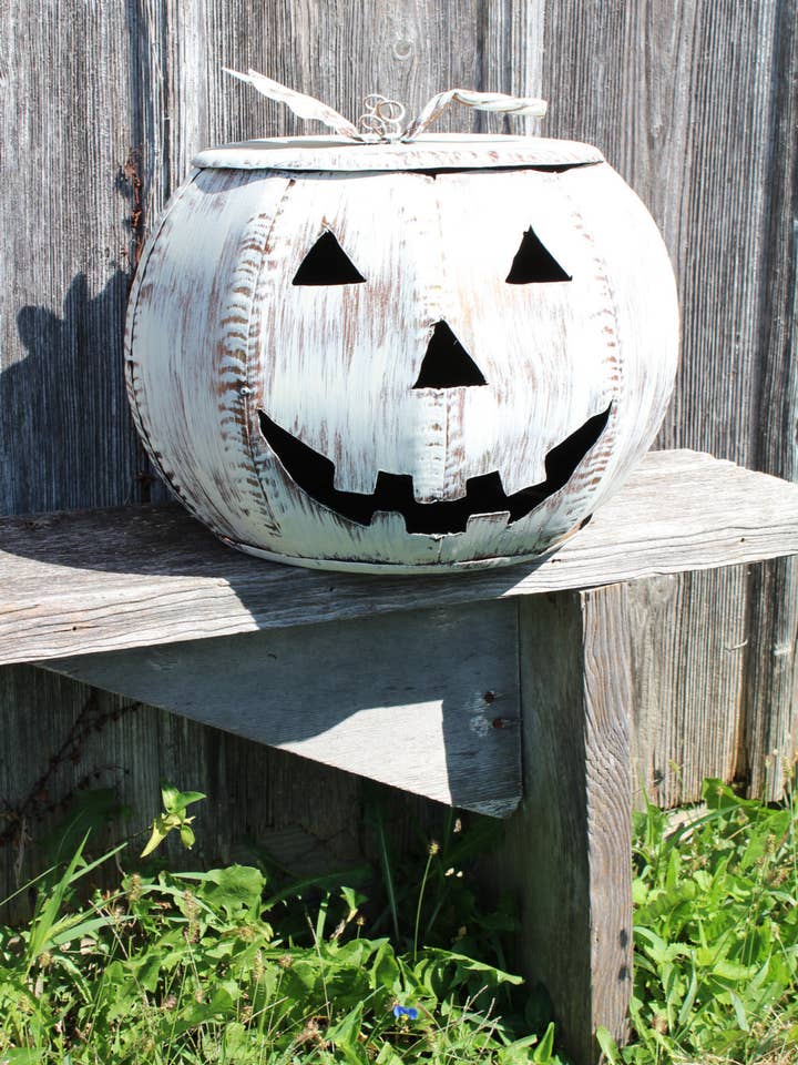 Metal Pumpkin with Lift Top - Recycled Metal Design for wholesale by Garden Iron And More