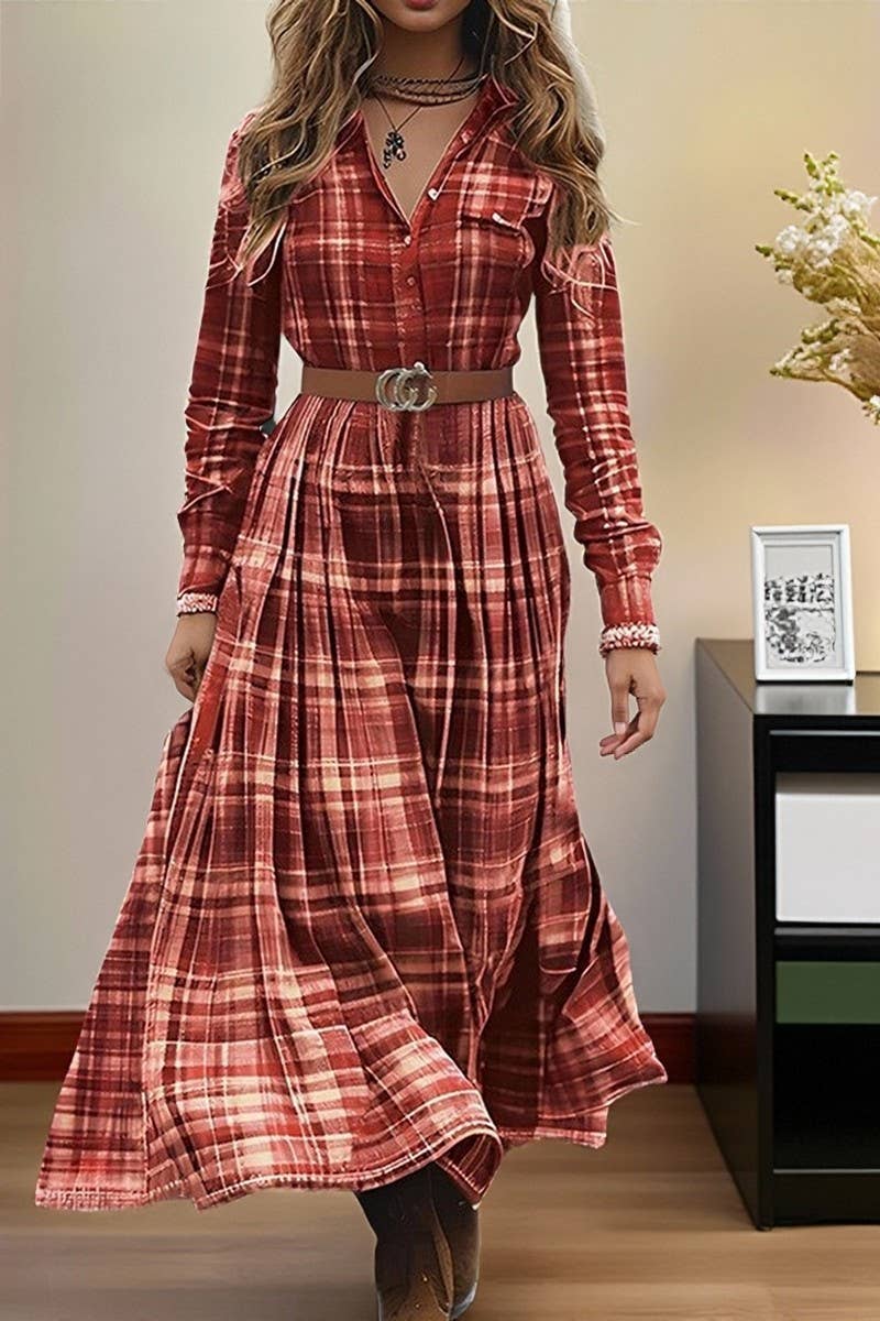 RED CWDMD01367_VINTAGE PLAID FLORAL V-NECK LONG SLEEVE DRESS for wholesale on Faire0