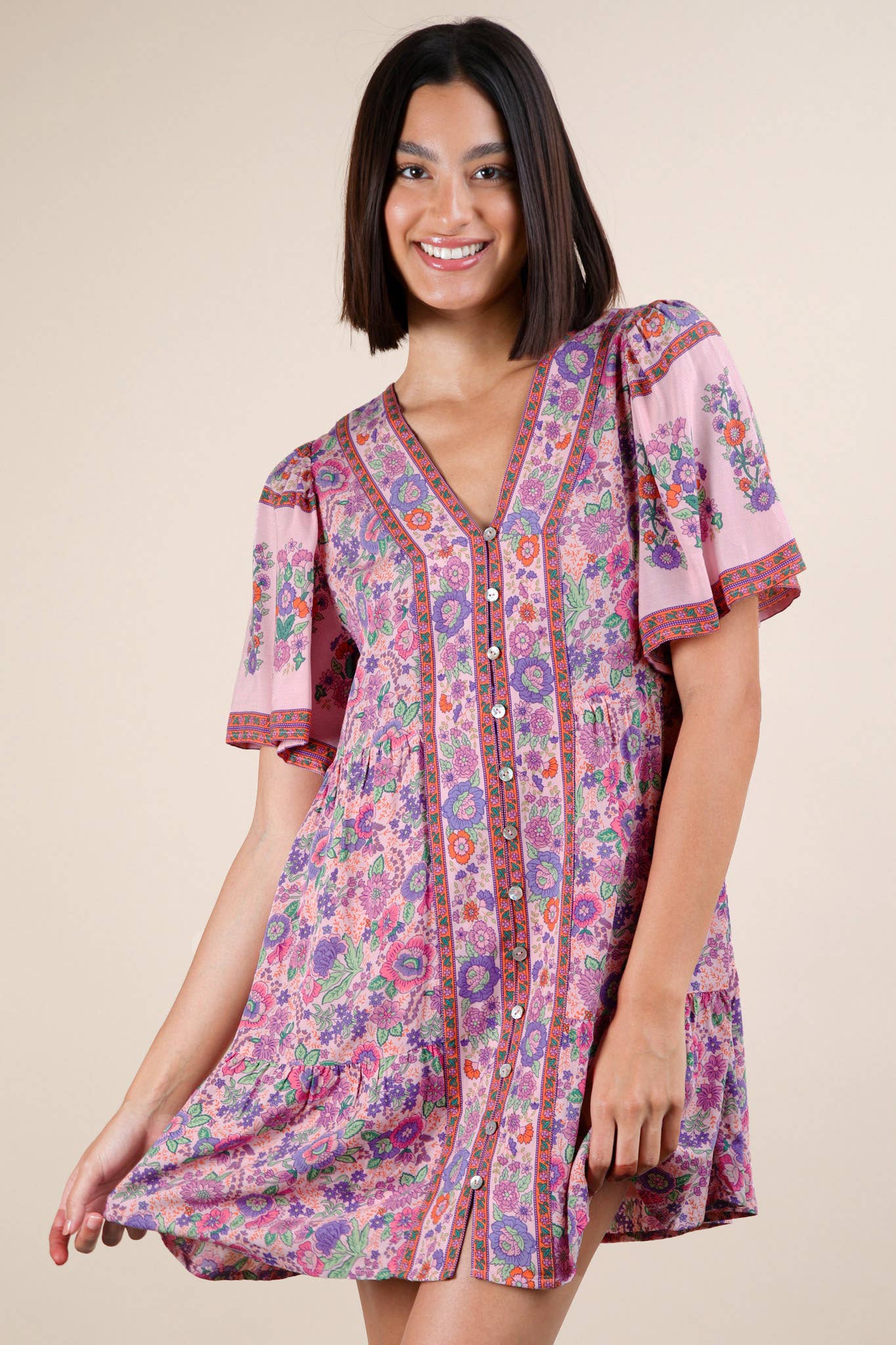 VERY J - Wholesale Dress - Women's - ND31637-Shirring Detail Printed Woven Mini Dress3