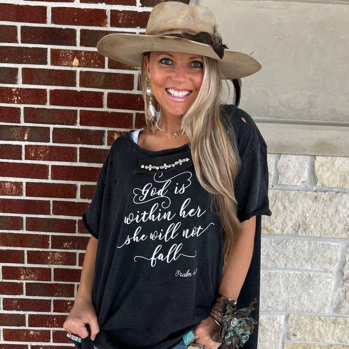 A Rare Bird Shop - Wholesale Screen Printed T-Shirt - Women's - "God is within Her" Distressed Shirt