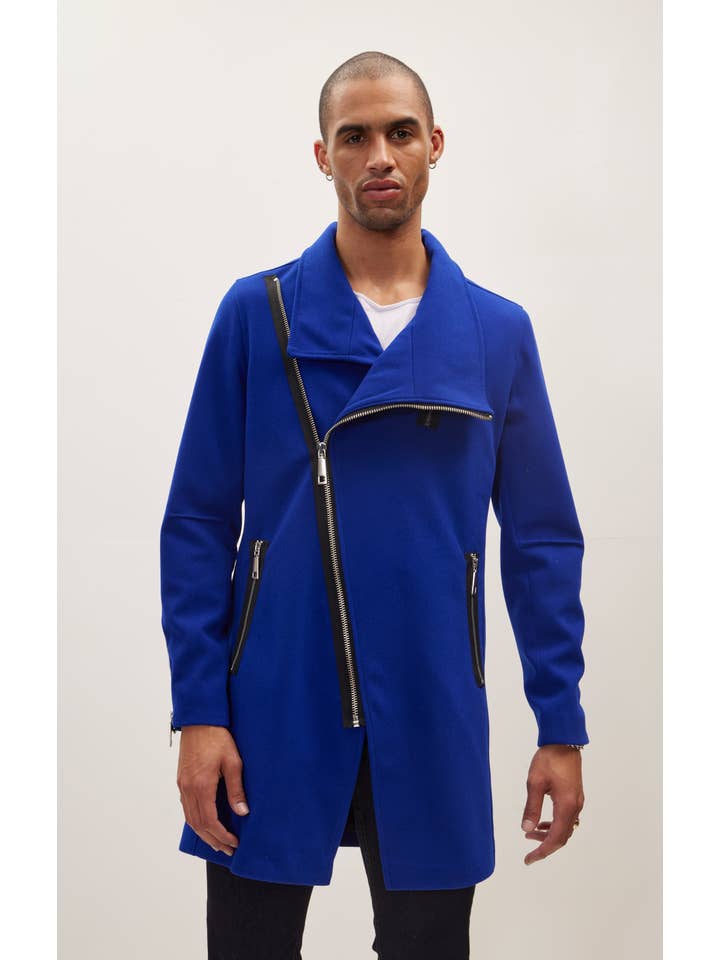 Men's Asymmetrical Zipper Closure Coat - Sax for wholesale on Faire