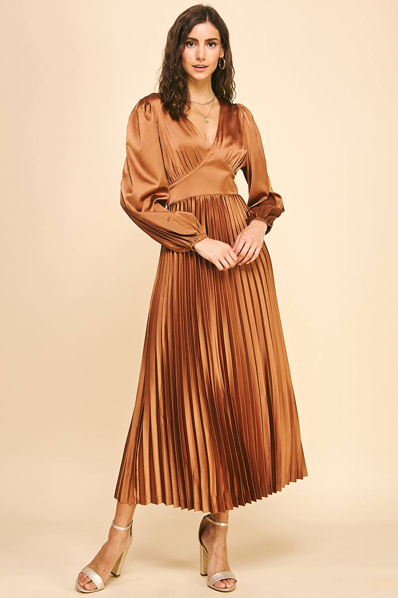 PINCH - Wholesale Dress - Women's - SATIN PLEATED MIDI DERSS - 5335D8