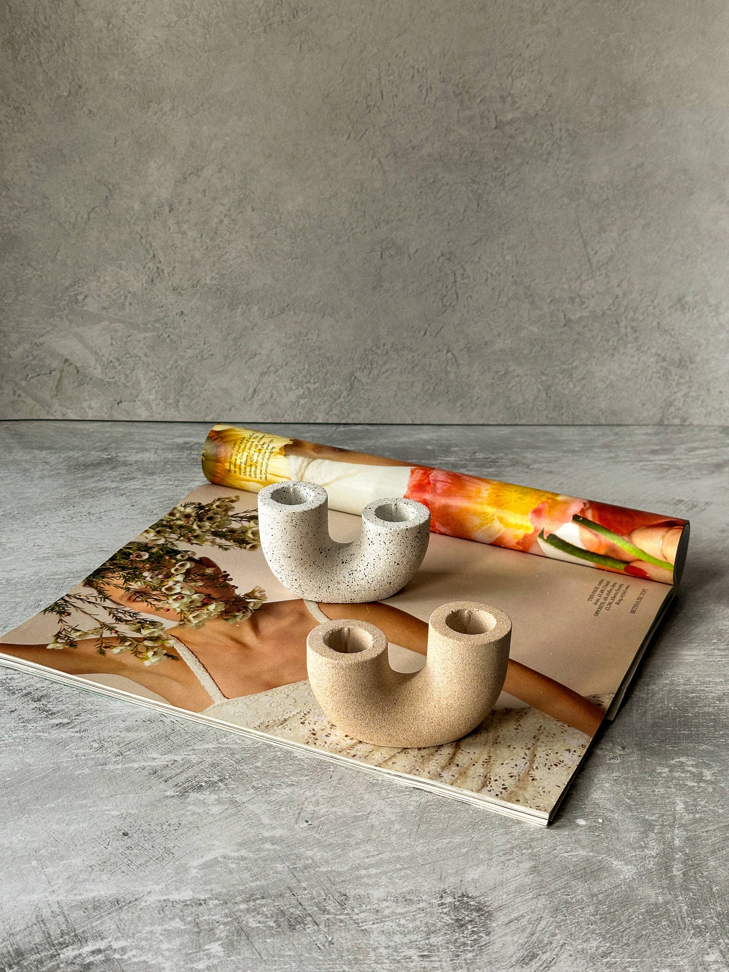 Gokican – wholesale Candle holder – Earthy U Shape Dinner Candle Holder Stone Textured Home Deco4