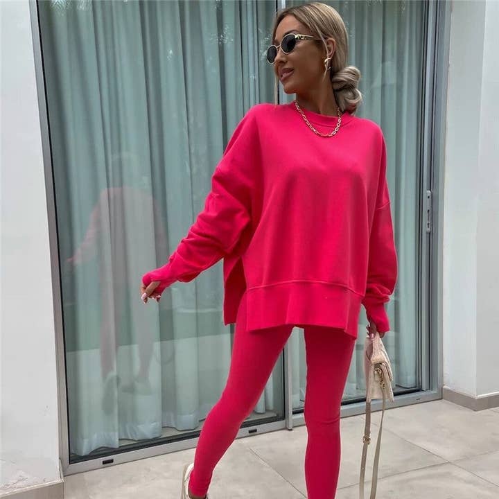 FurDecoration - Wholesale Lounge Set - Women's - Solid Color Round Neck Slit Sweatshirt And Skinny Pants Set7