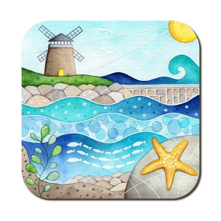 East Neuk Beach Crafts – wholesale Coasters – Starfish Coaster - Windmill Watercolour Art - Seaside Gifts