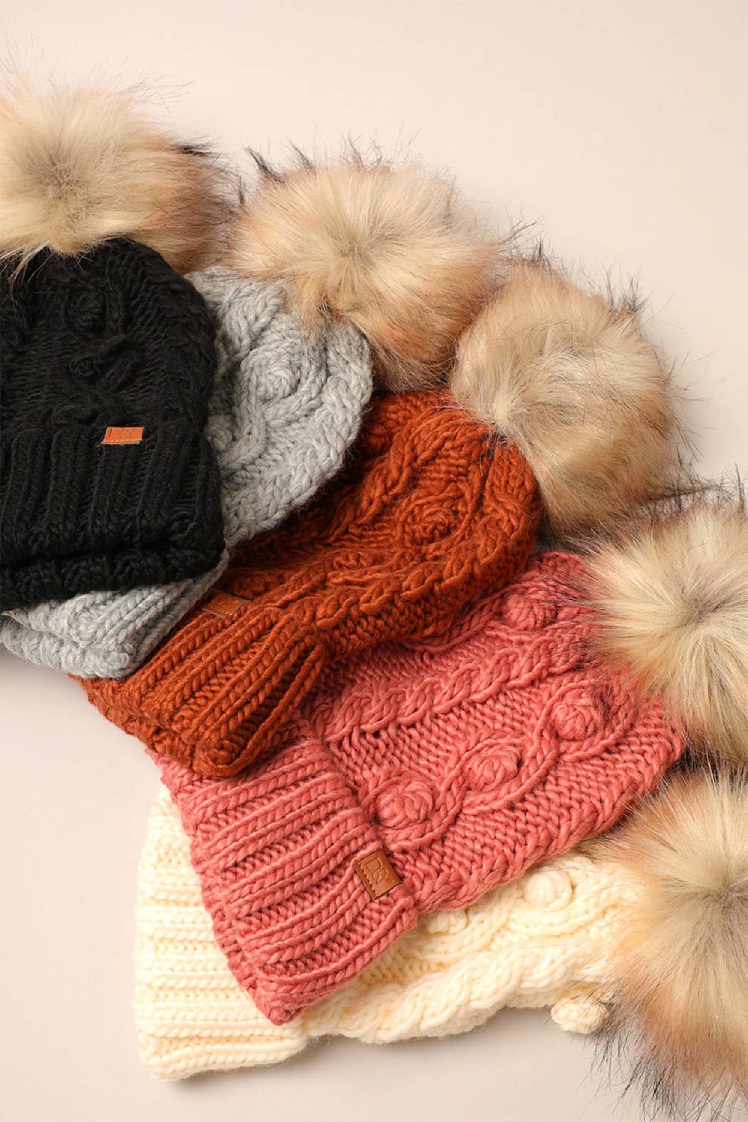 Fashion City - Wholesale Beanie - Women's - Popcorn Trim Knit Beanie w Faux Fur Pom11