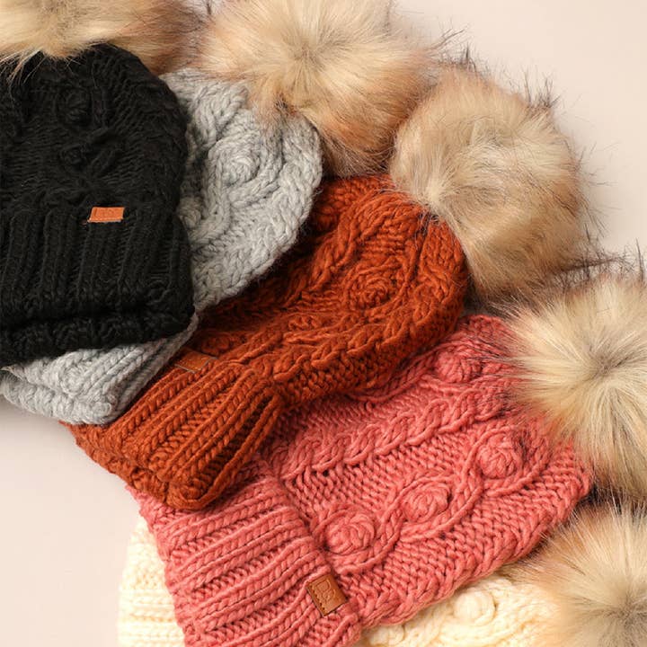 Fashion City - Wholesale Beanie – Women's - Popcorn Trim Knit Beanie w Faux Fur Pom11