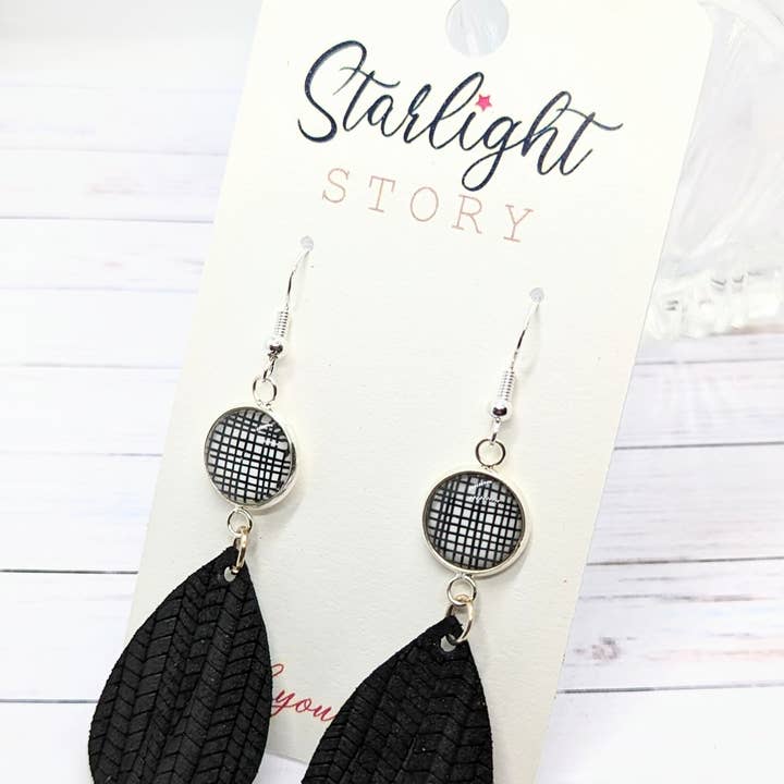 Pendientes de vidrio y cuero - Black Grid para venta al por mayor de Starlight Story