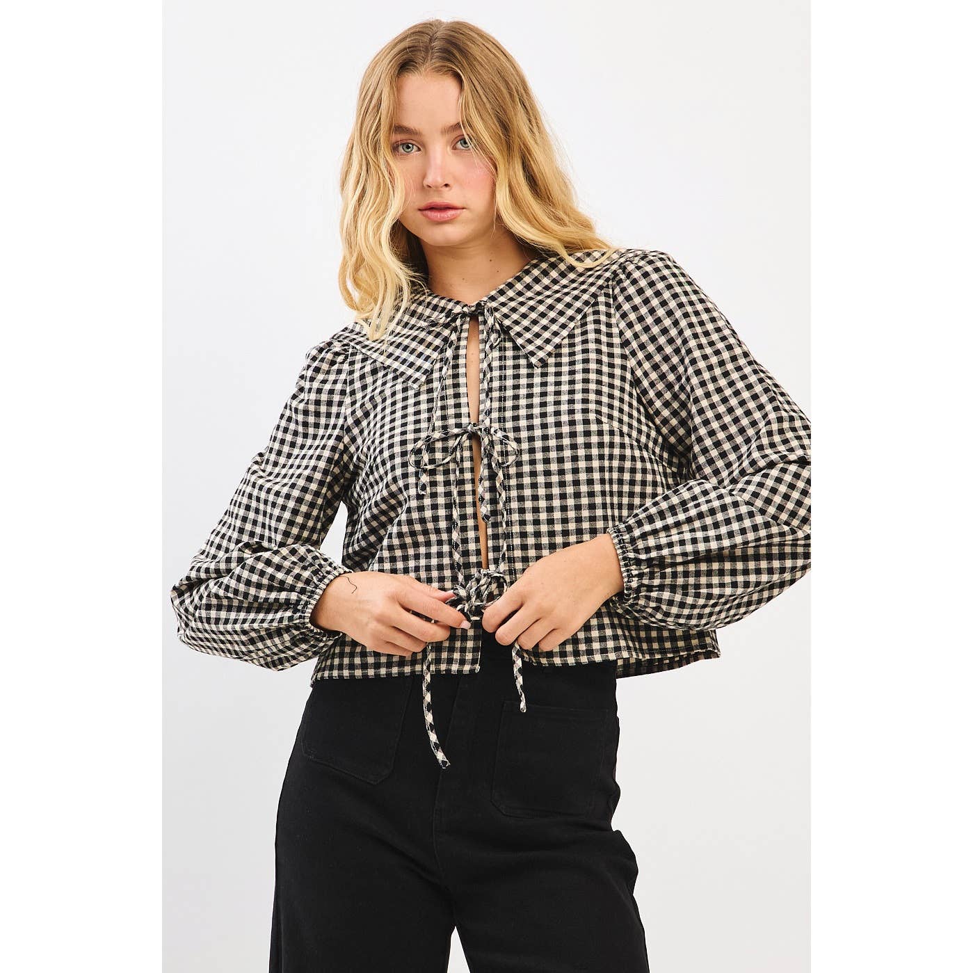 mittoshop - Wholesale Knit Top - Women's - CHECKERED TIE FRONT BIB COLLAR LONG SLEEVE TOP5