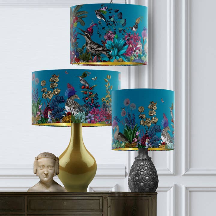 Abajur Azul Plumas Gloriosas Pássaros Botânicos Pack de 3 por atacado de FabFunky Ltd