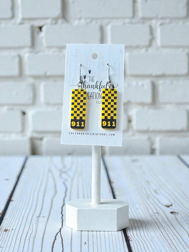 Checkered 911 Dispatcher First Responder Earrings for wholesale by The Thankful Creations LLC