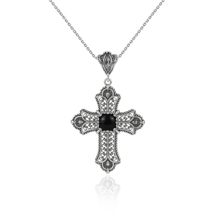Filigranist Jewelry – wholesale Pendant/charm necklace – Sterling Silver Filigree Art Multi Gemstone Cross Necklace2