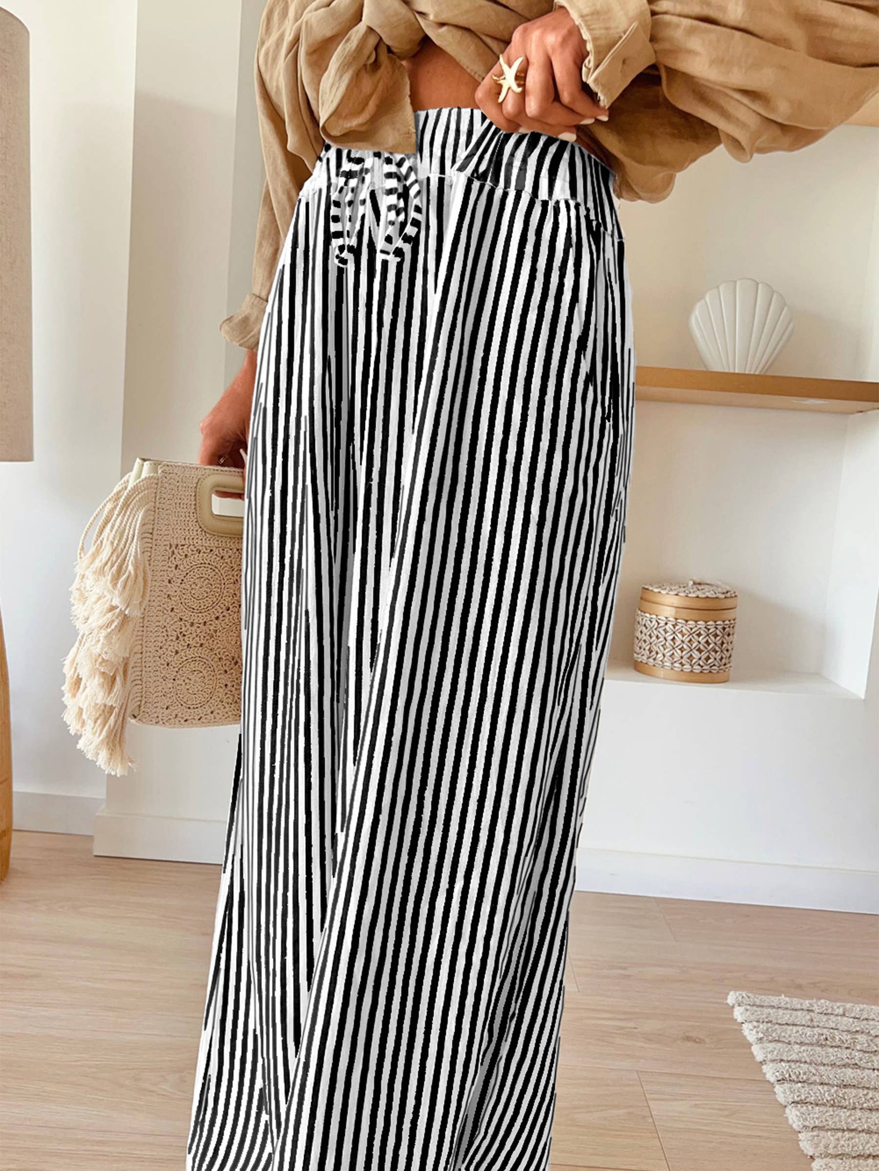 Wholesalesir - Wholesale Pants - Women's - Striped Printed Wide Leg Pocket Pants0