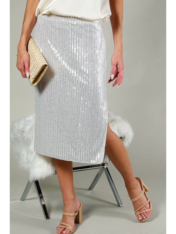 Vine & Love - Wholesale Skirt โ Womenโs - High-Waist Sequin Midi Skirt With Side Slit VS6010220