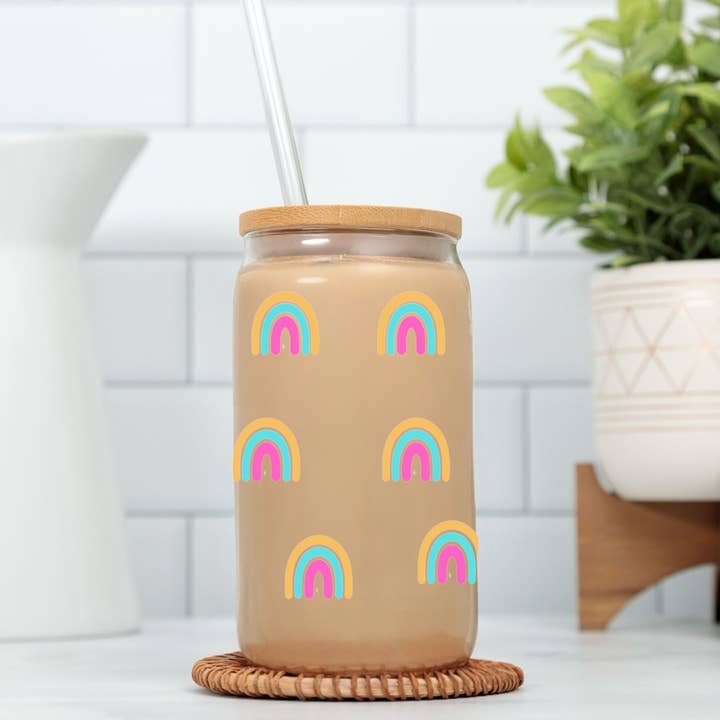 Glass Cup with Lid, Straw and Straw Cleaner 20 oz Can Cup for wholesale by FLORAL TOWN