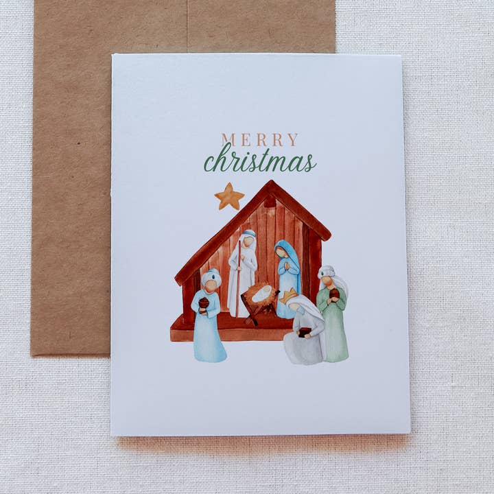 Carte de Noël faite à la main avec scène de la Nativité en aquarelle pour la vente par Darling Rosary