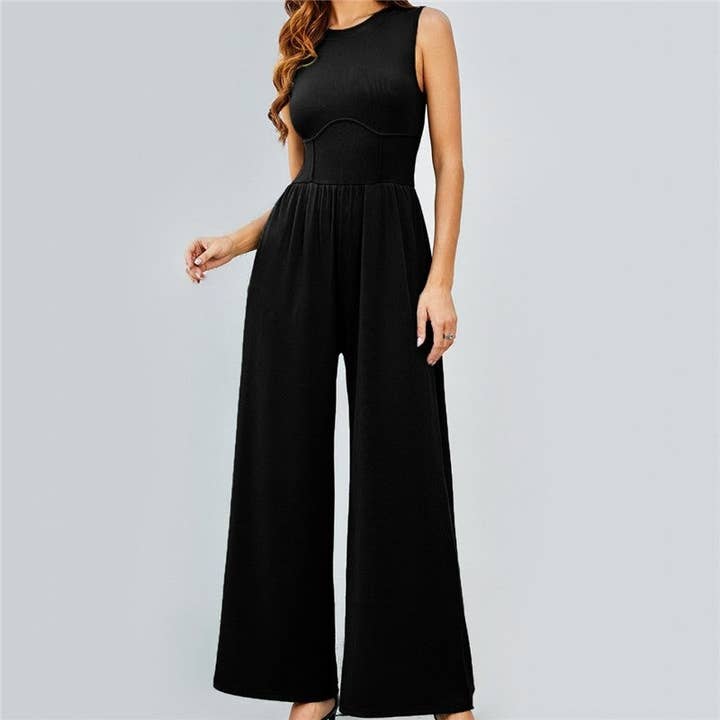 Solid Round Neck High Waist Slim Jumpsuit for wholesale by FurDecoration