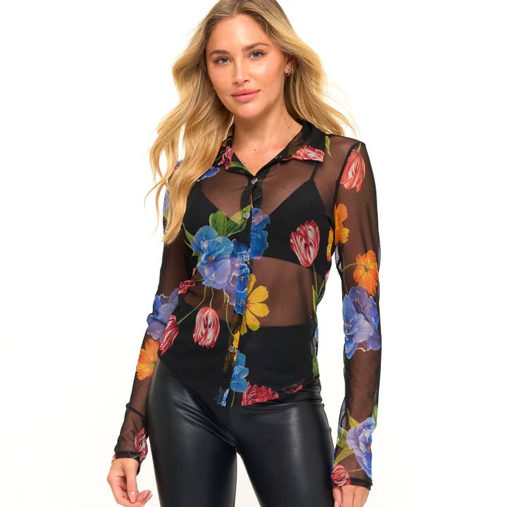Romantic Floral Print Mesh Button Up Date Night Blouse for wholesale by YNEZ