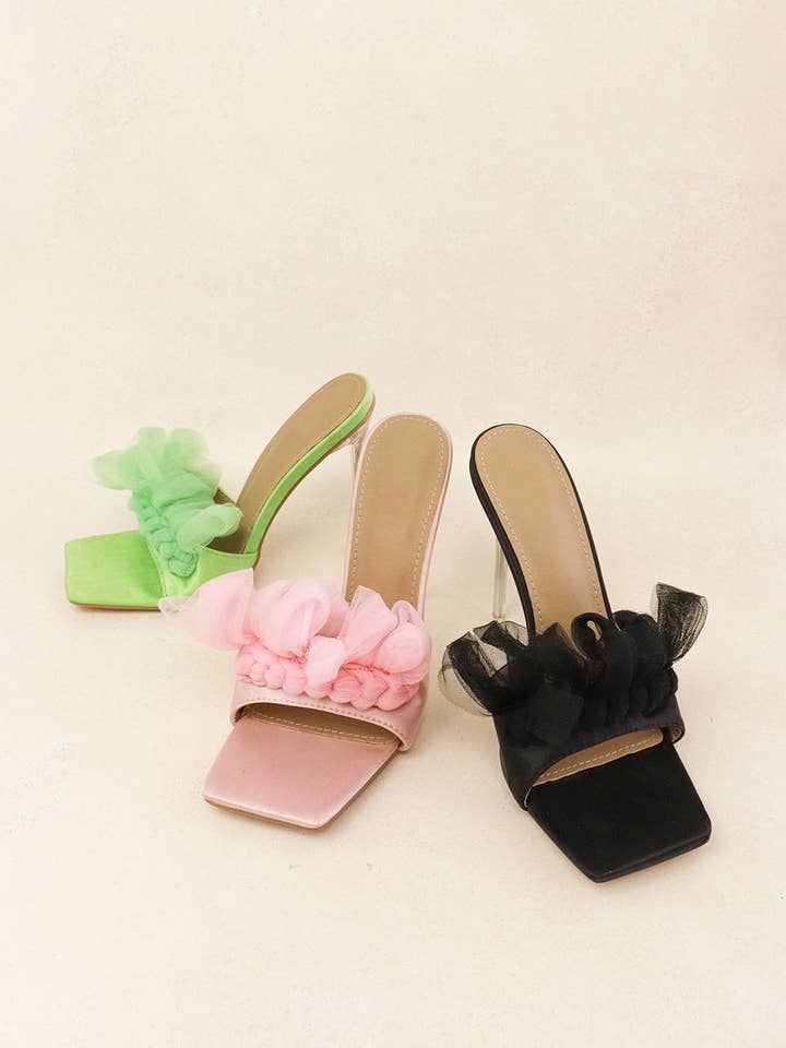 Lemonade Shoes - Wholesale High Heels - Women's - MADE YOU LOOK - Satin Ruffle Square Toe Heel, Clear Stiletto4