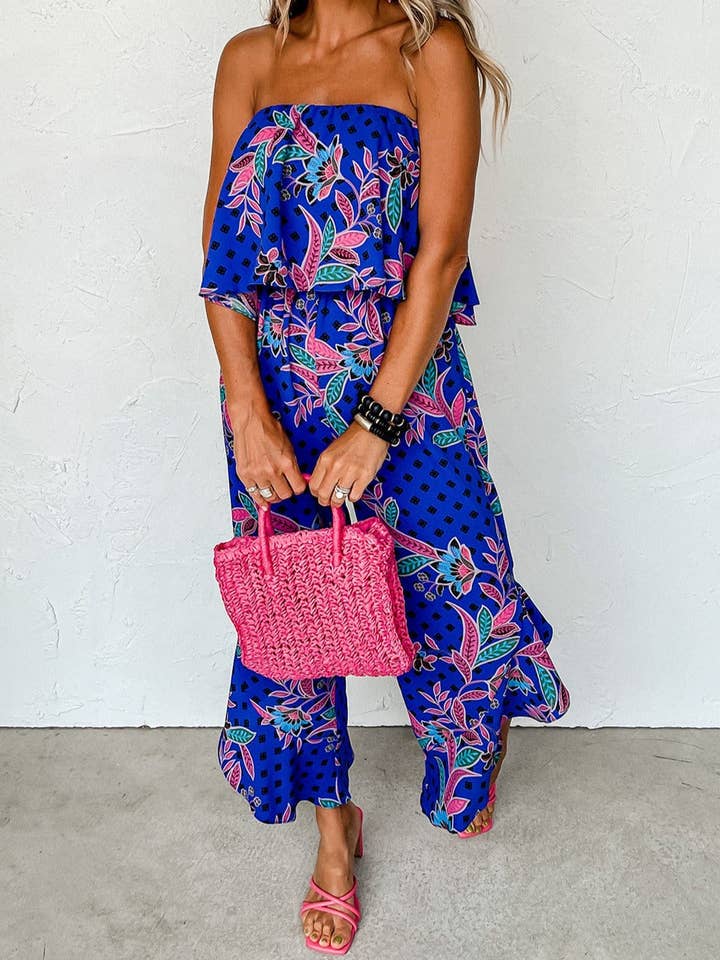 Blue Tropical Strapless Ruffle Jumpsuit for wholesale on Faire