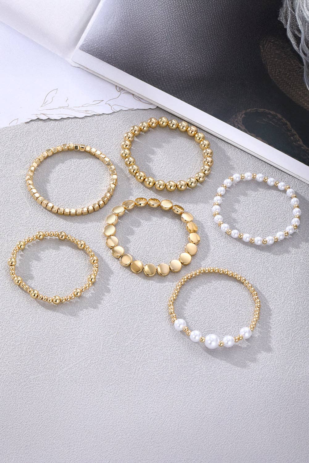 Gold Minimalist Pearl Beaded Multi Layer Elastic Bracelets for wholesale on Faire2