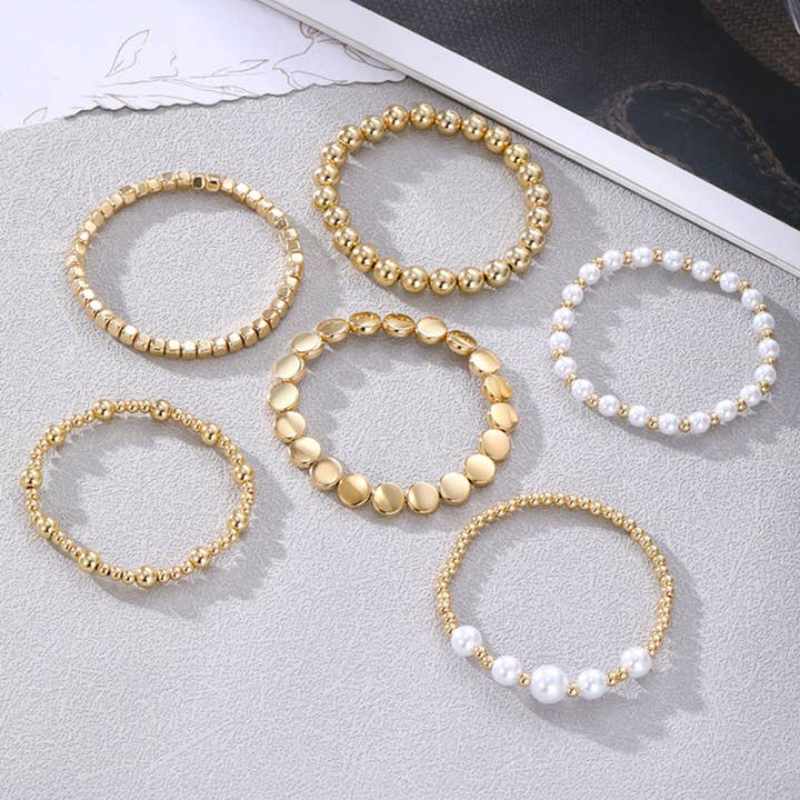 Gold Minimalist Pearl Beaded Multi Layer Elastic Bracelets for wholesale on Faire2